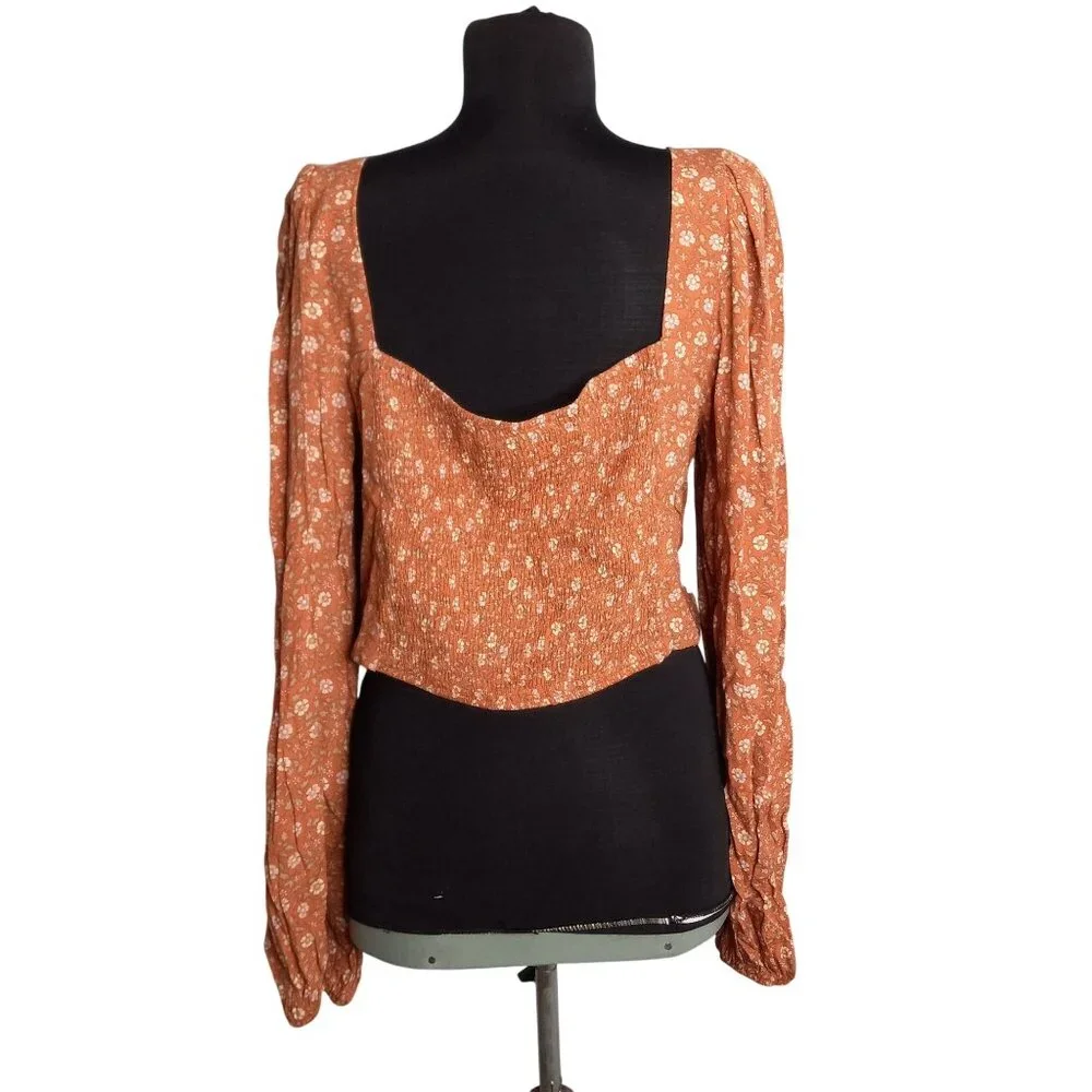 Elodie Size XL Blouse Womens Floral Long Sleeve Boho Rayon Crop Top Smocked - Picture 4 of 10